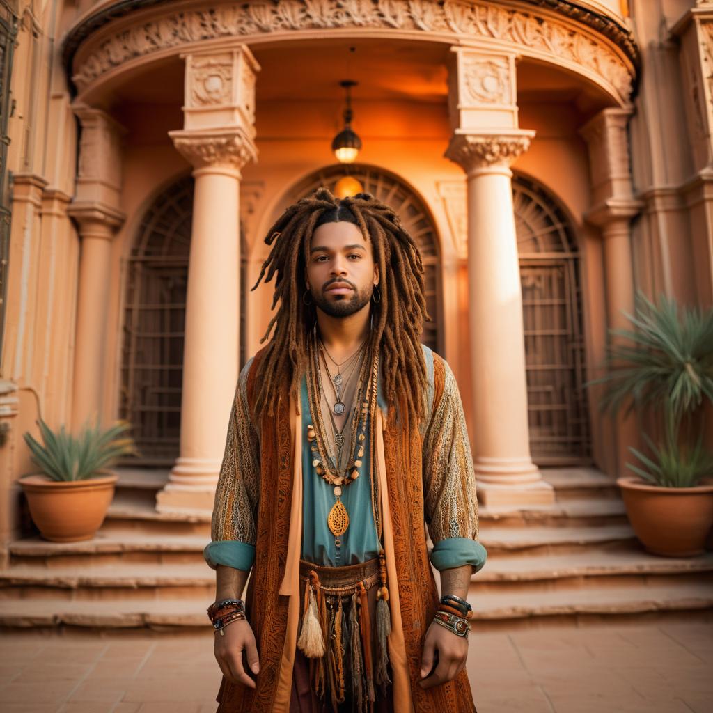 Young man with dreadlocks in bohemian clothing