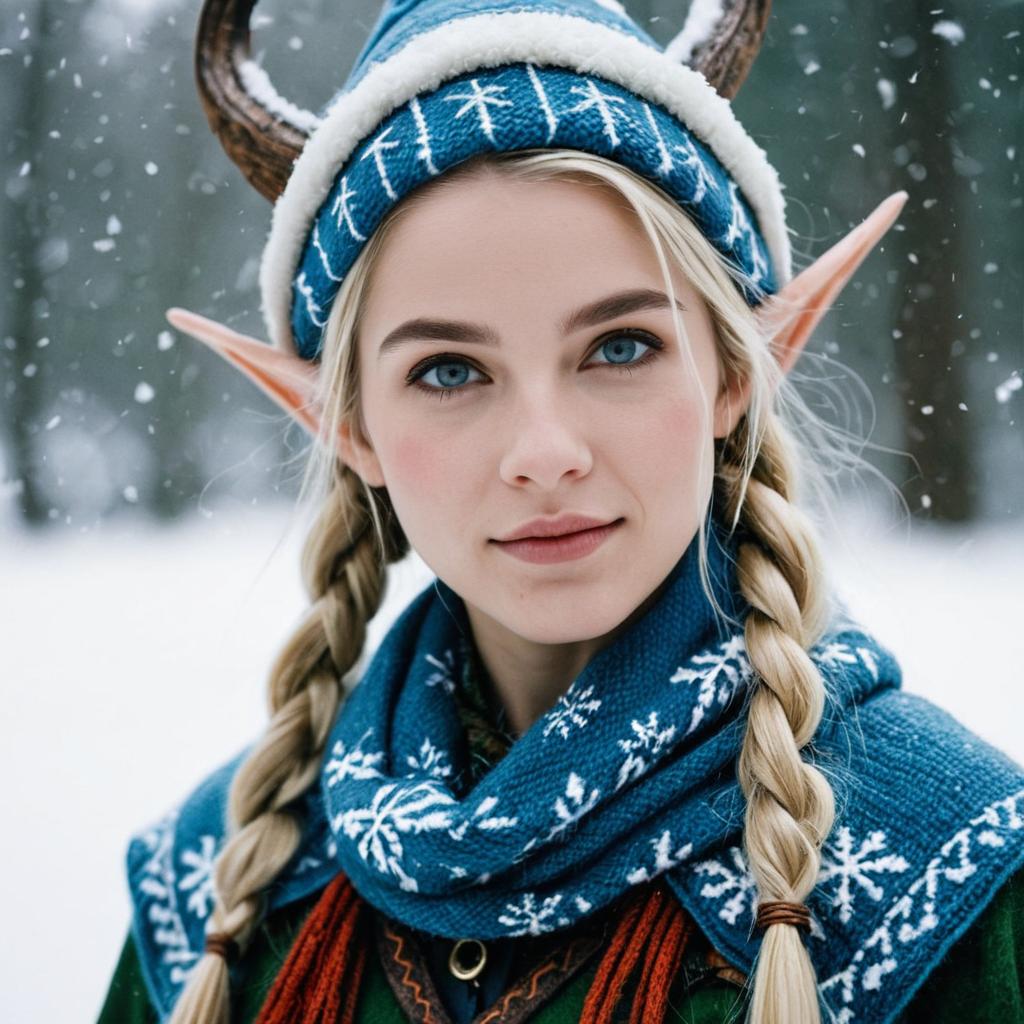 Snow Elf Woman in Blue Knit Costume with Braided Hair and Pointy Ears Snow Elf Woman in Blue Knit Costume with Braided Hair and Pointy Ears