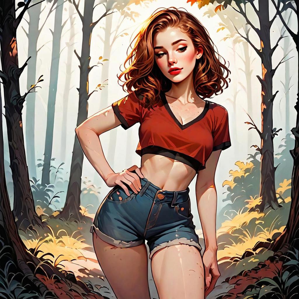Stylized Digital Art of Woman in Red Crop Top and Shorts in Forest