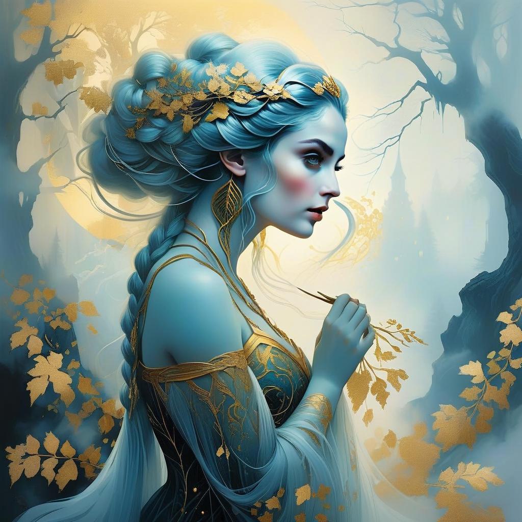 Fantasy Portrait of Regal Woman with Blue Skin and Golden Leaves in Mystical Forest