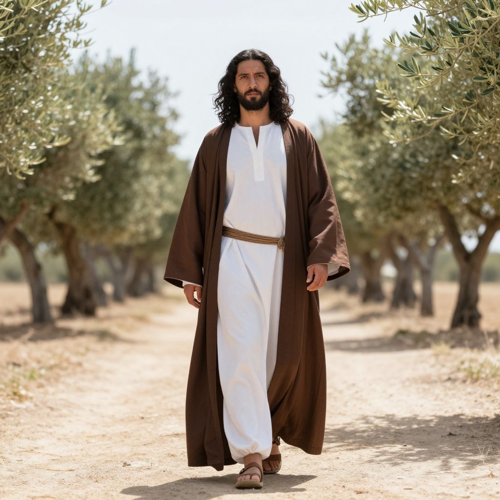 Man in Traditional Middle Eastern Robes Walking Among Olive Trees
