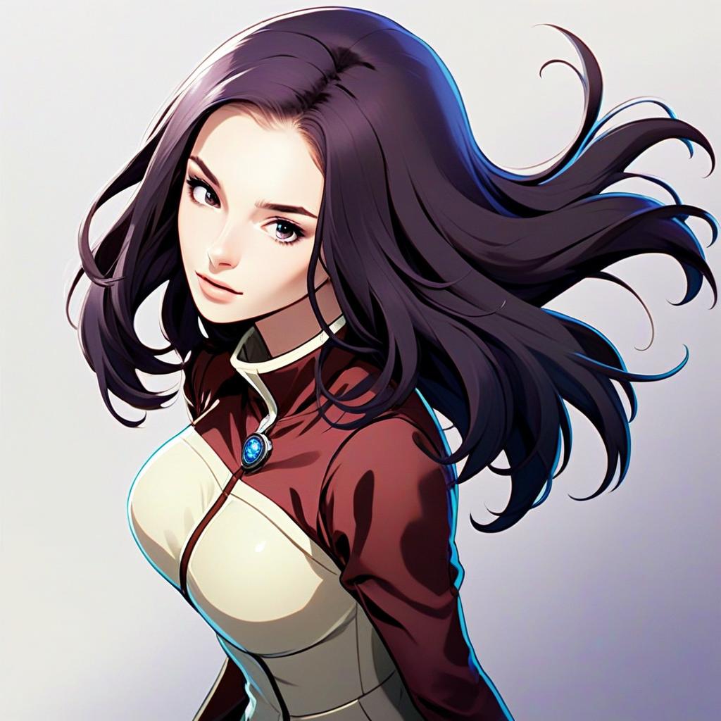 Anime Style Illustration of Woman with Flowing Hair and Blue Gem Pendant