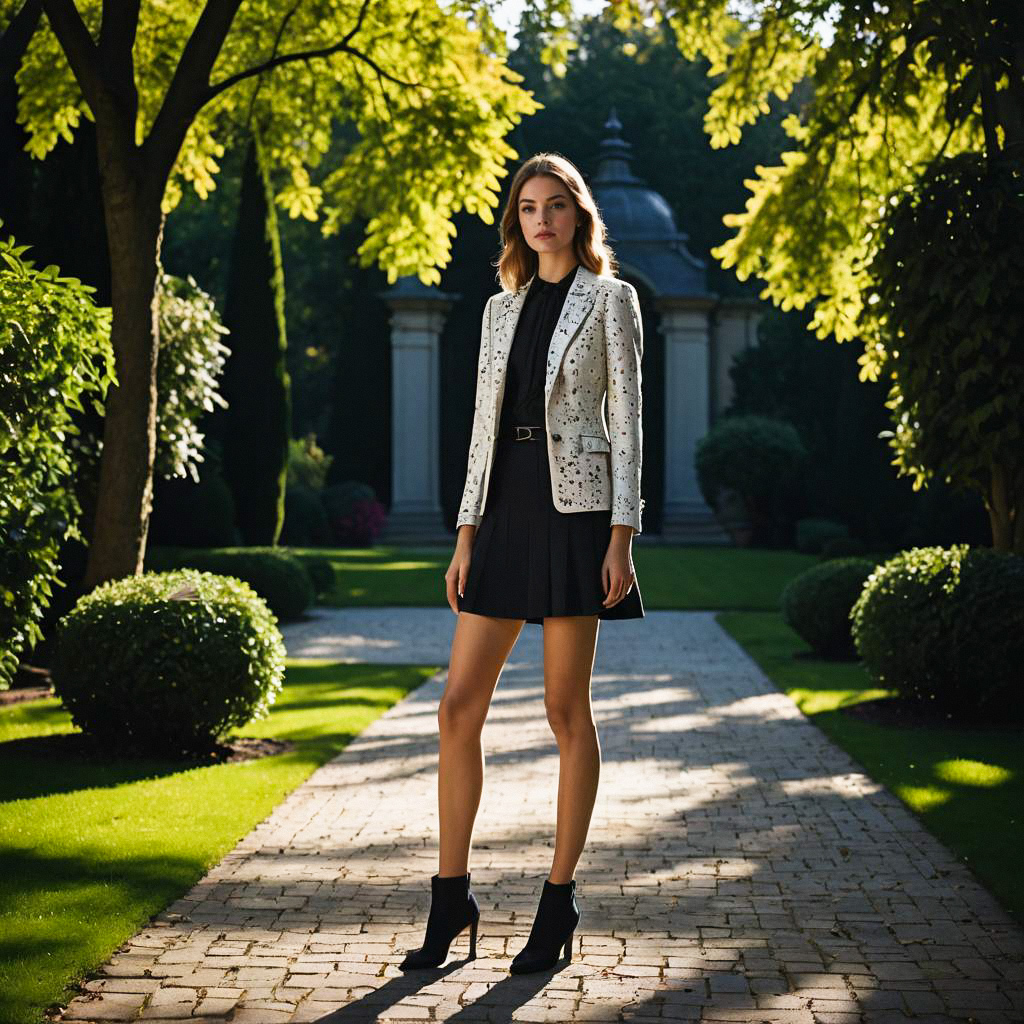 Stylish Woman in Chic Black Dress and Blazer on Garden Pathway