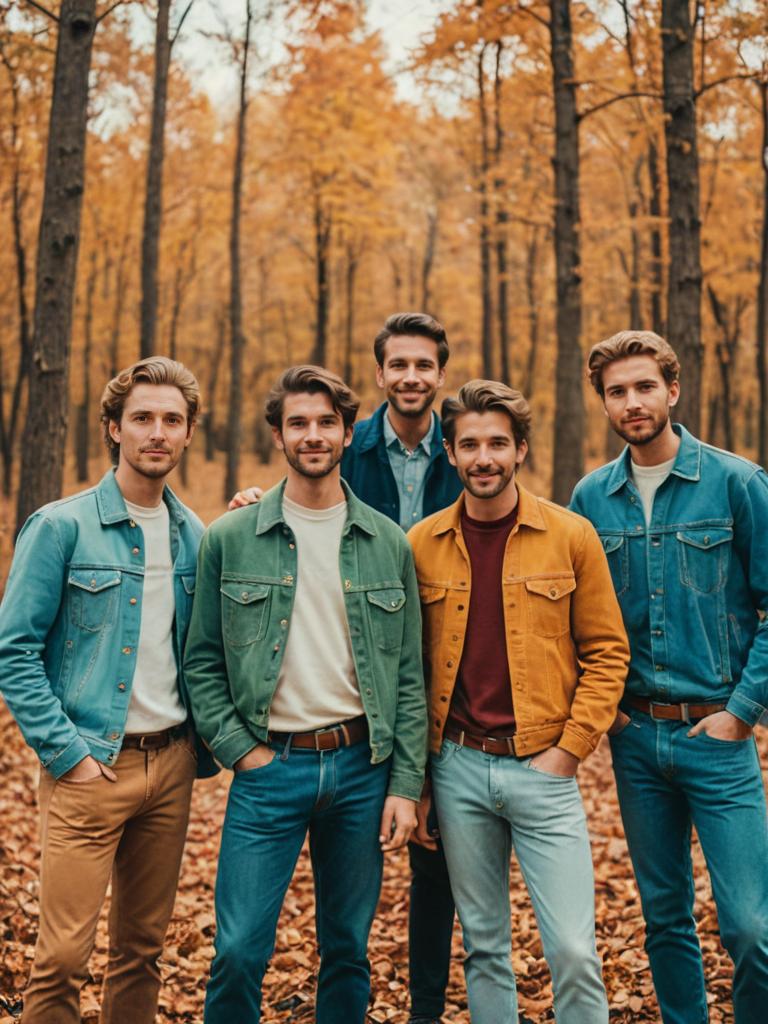 Vibrant Group Photo of Male Friends in Autumn Forest