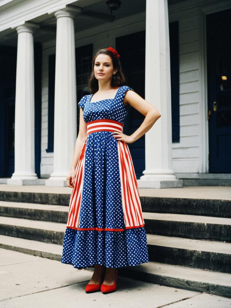 Woman in Vintage 1950s Patriotic Red White and Blue Dress Outdoors