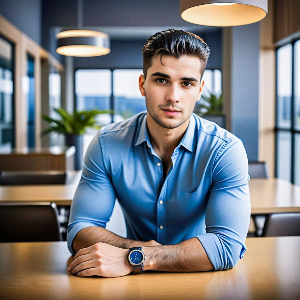 Stylish Young Man in Modern Workspace with Watch