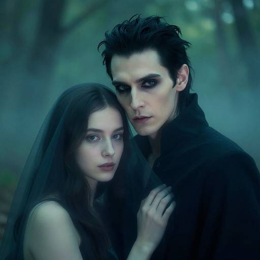 Gothic Romantic Couple in Misty Forest Veiled Woman and Dark Makeup Man