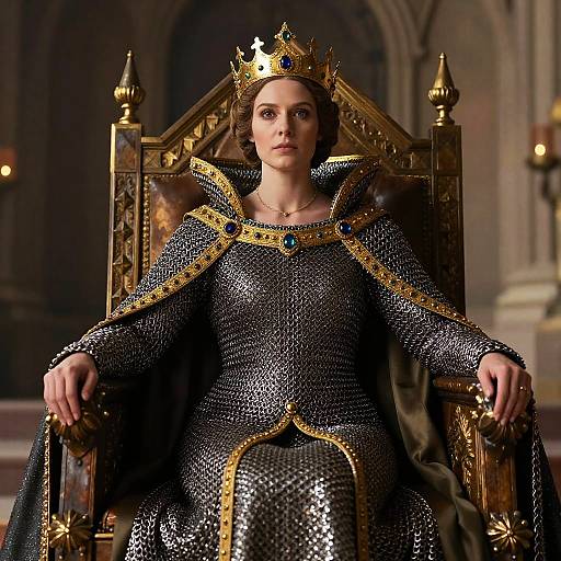 Regal Woman Wearing Medieval Chainmail Armor and Crown on Throne