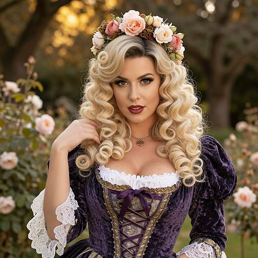 Renaissance Style Woman in Purple Velvet Gown with Floral Crown in Garden
