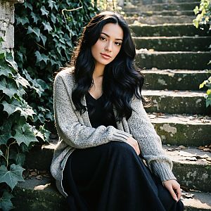 Young Woman in Gray Cardigan on Stone Staircase