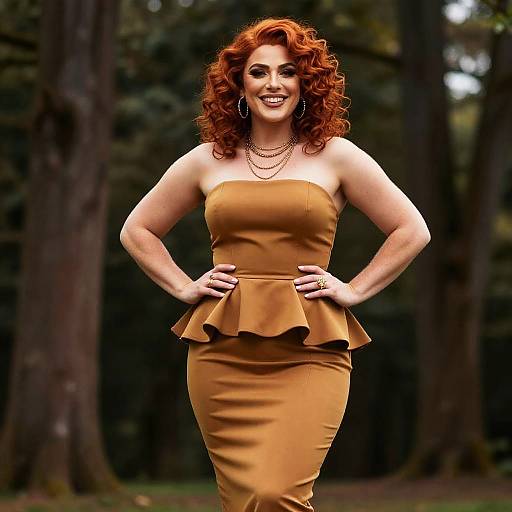 Confident Woman in Strapless Mustard Peplum Dress with Red Curly Hair Outdoors