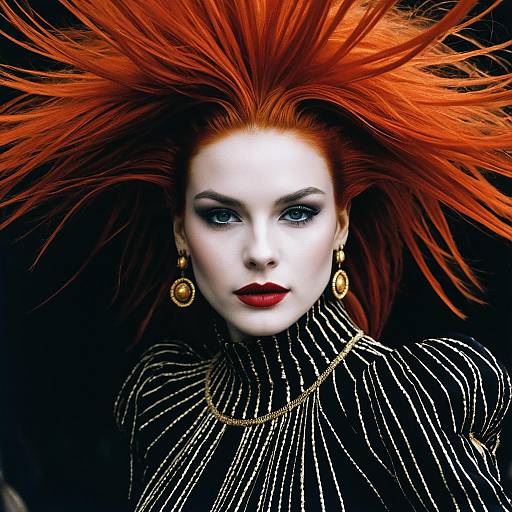 Dramatic Portrait of Woman with Vibrant Red Hair and Elegant Gold Accents