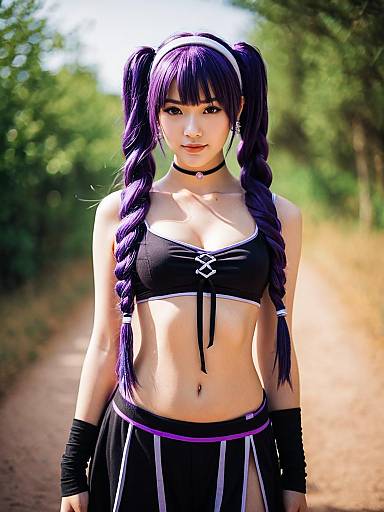 Young Woman with Purple Braided Hair in Cosplay Outfit Outdoors