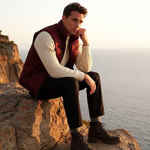 Man in Quilted Vest Sitting on Rocky Cliff Overlooking Ocean at Sunset