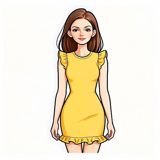 Minimalistic Cartoon Illustration of Woman in Yellow Dress with Pretty Face