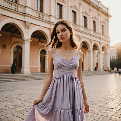 Young Woman in Lavender Dress on Historic Cobblestone Street