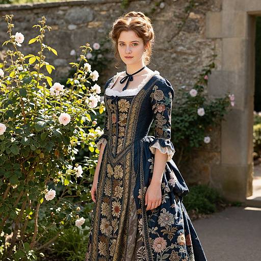 Young Woman in Elegant Floral Embroidered 18th Century Gown in Garden