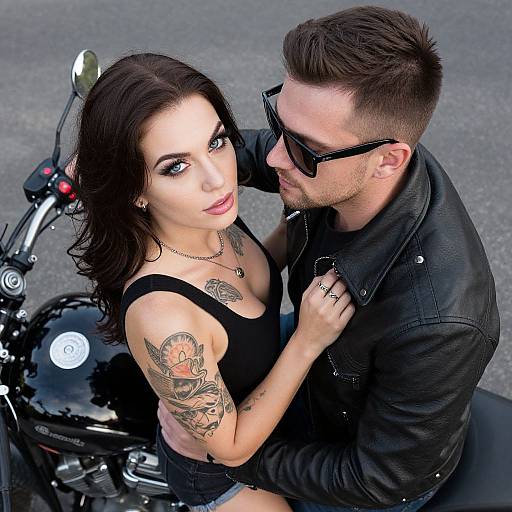 Stylish Couple on Black Motorcycle with Tattoos and Leather Jacket