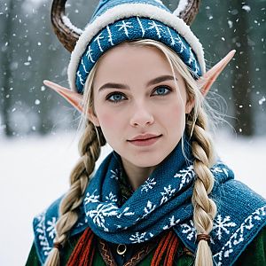 Snow Elf Woman in Blue Knit Costume with Braided Hair and Pointy Ears
