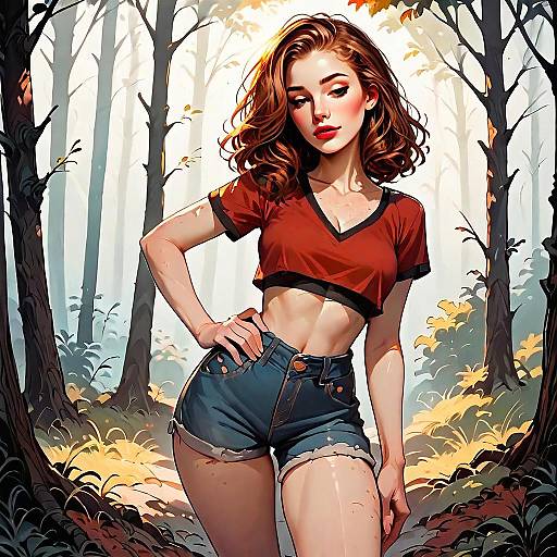 Stylized Digital Art of Woman in Red Crop Top and Shorts in Forest