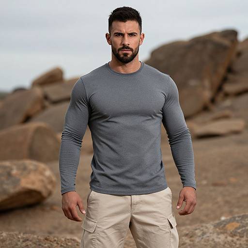 Muscular Man in Gray Long Sleeve Shirt Standing Outdoors Among Rocks