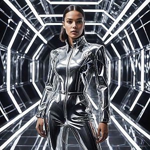 Confident Woman in Futuristic Corridor