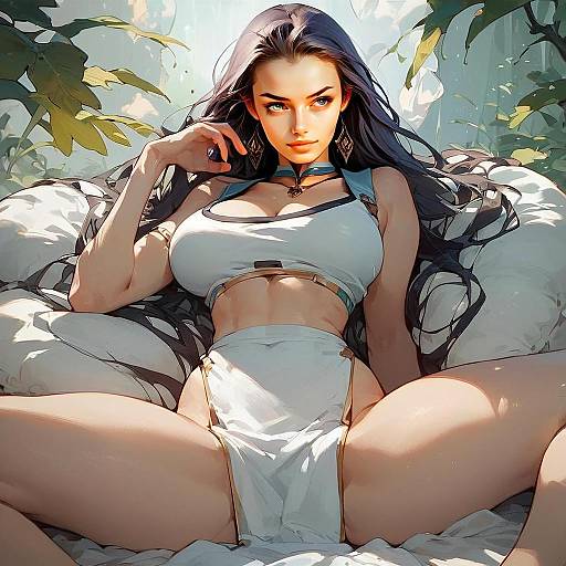 Anime Style Illustration of Confident Woman in White Outfit Relaxing Amidst Foliage