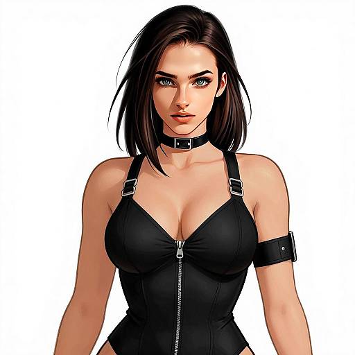 Digital Art Portrait of Woman in Black Leather Corset with Choker and Armband
