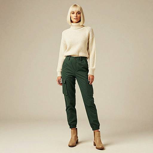 Woman in Cream Turtleneck Sweater and Green Cargo Pants Fashion Outfit