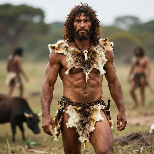 Primitive Tribal Man in Fur Costume Outdoors with Animal Pelts