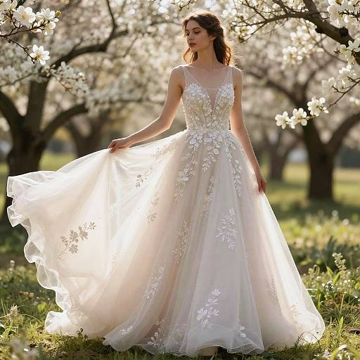 Elegant Woman in Floral Appliqué Wedding Dress in Blooming Orchard