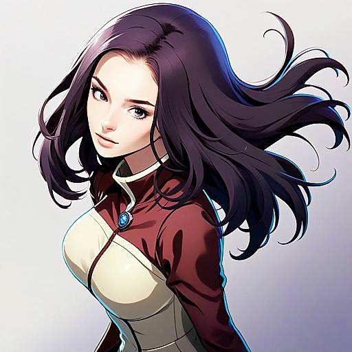 Anime Style Illustration of Woman with Flowing Hair and Blue Gem Pendant