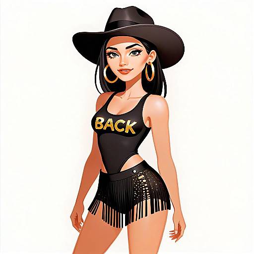 Glam Rock Woman Wearing Black BACK Tank Top and Fringed Shorts Illustration