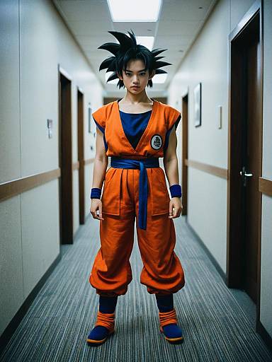 Woman in Goku Cosplay Costume Standing in Hallway
