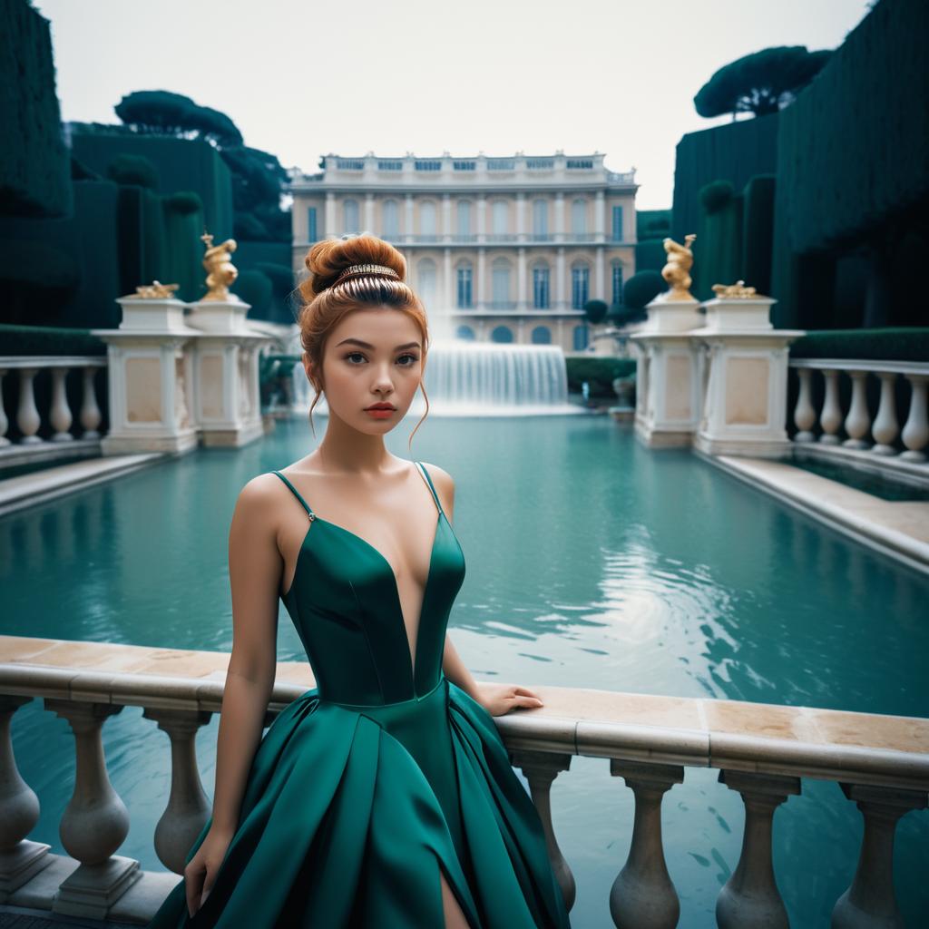 Elegant Woman in Green Dress at Versailles