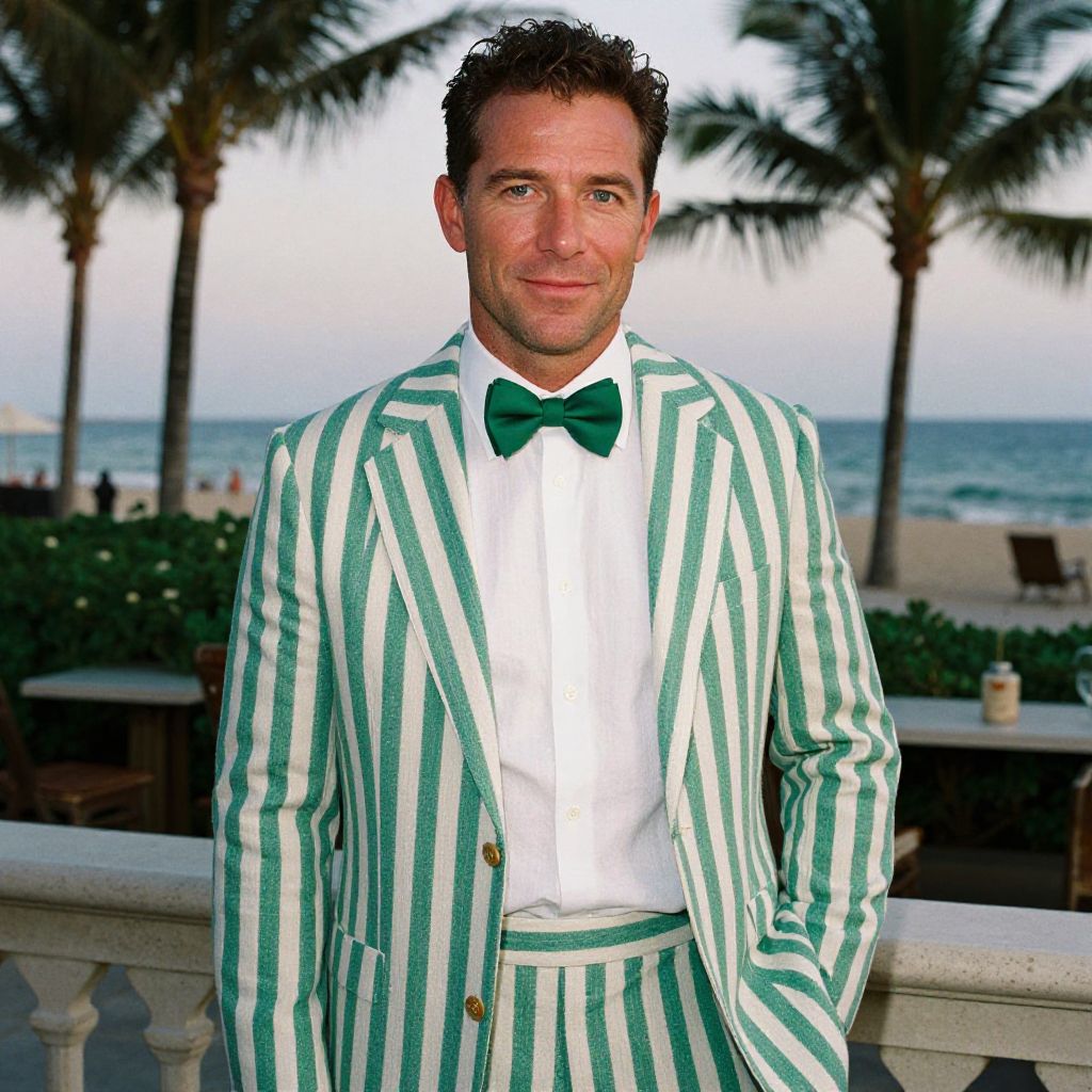 Man in Green and White Striped Suit with Bow Tie at Beach