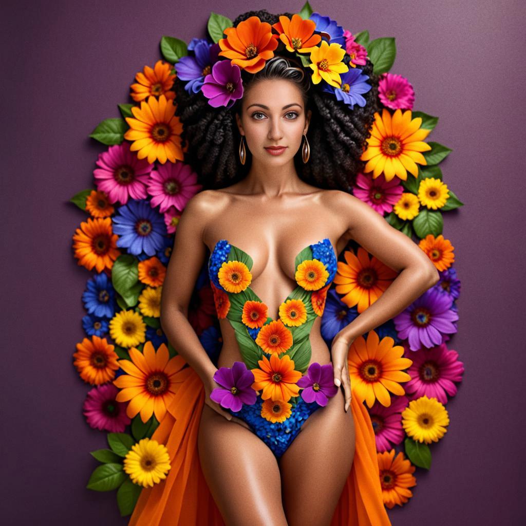 Woman in Floral Costume Amid Colorful Flowers