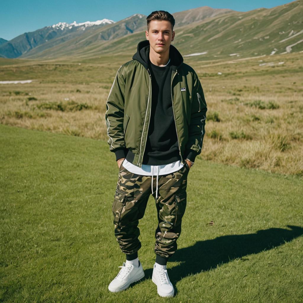 Stylish Man in Green Bomber Jacket and Camo Pants