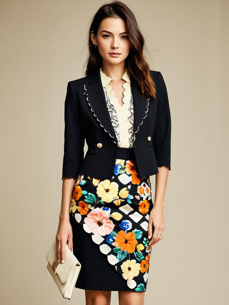 Chic Tailored Blazer with Vibrant Floral and Geometric Print Skirt for Women