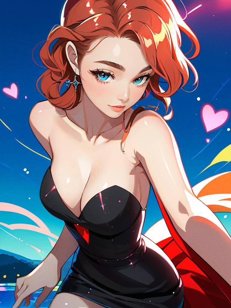 Anime-style red-haired woman in a black dress with blue eyes and vibrant colors