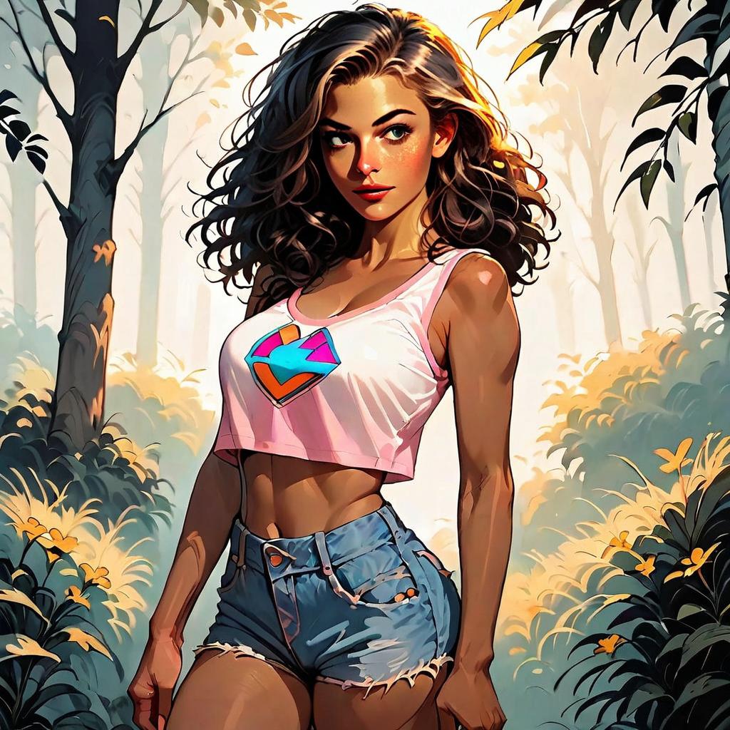 Stylized Digital Art of Woman in Forest Wearing Crop Top and Denim Shorts