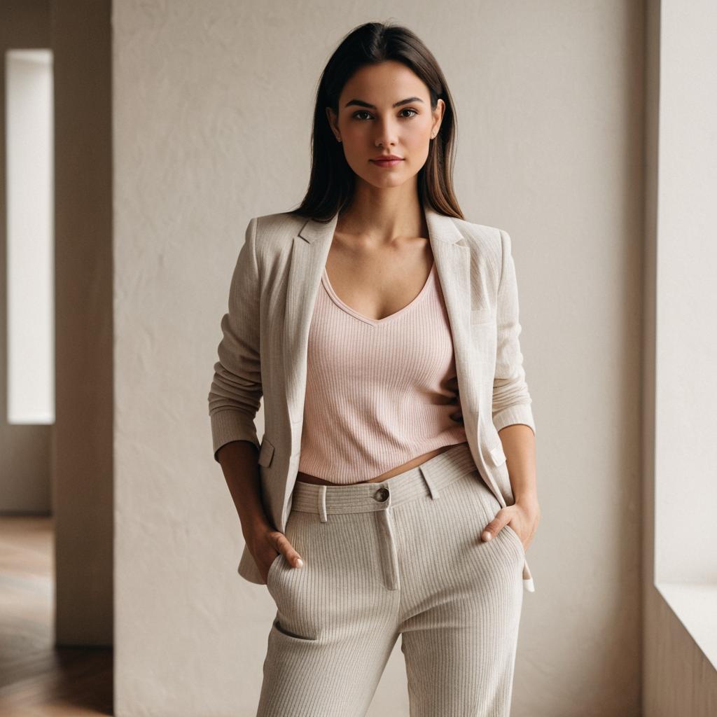 Confident Woman in Beige Pinstriped Suit and Pink Top in Minimalist Indoor Setting