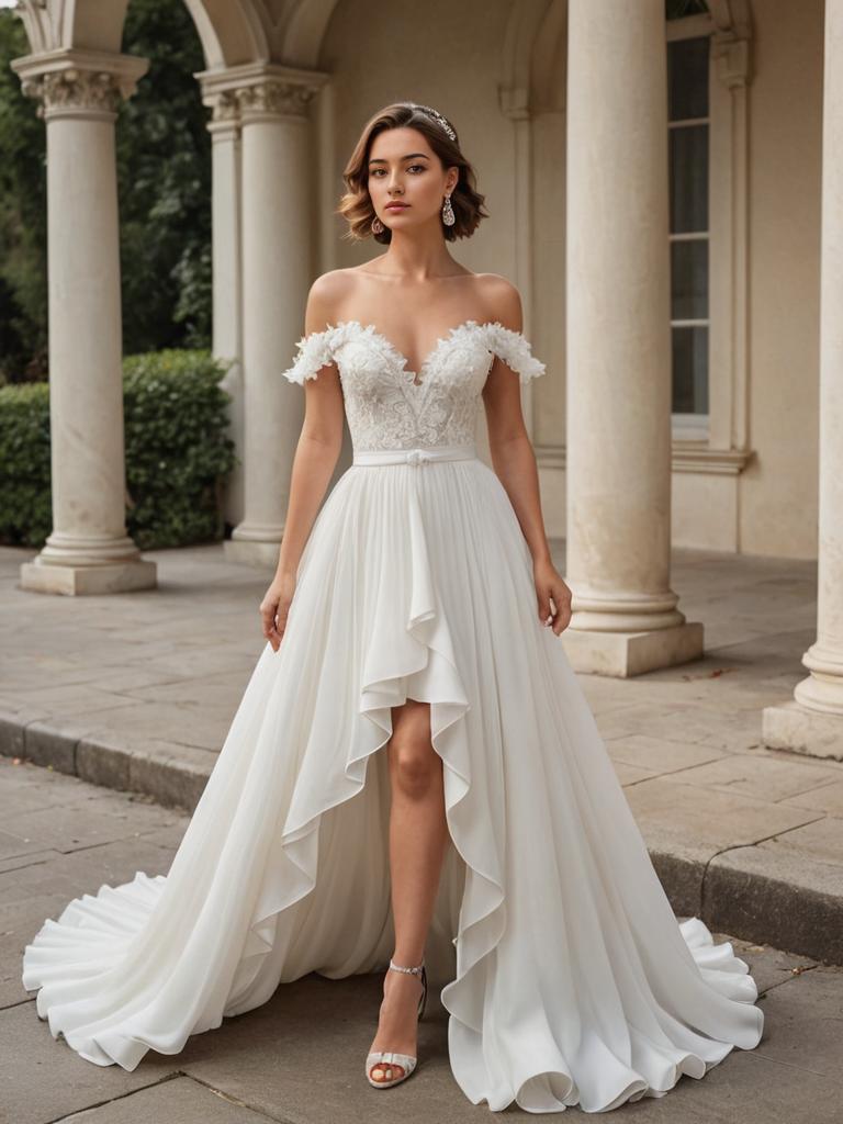 Woman in Elegant Off-the-Shoulder White Wedding Gown