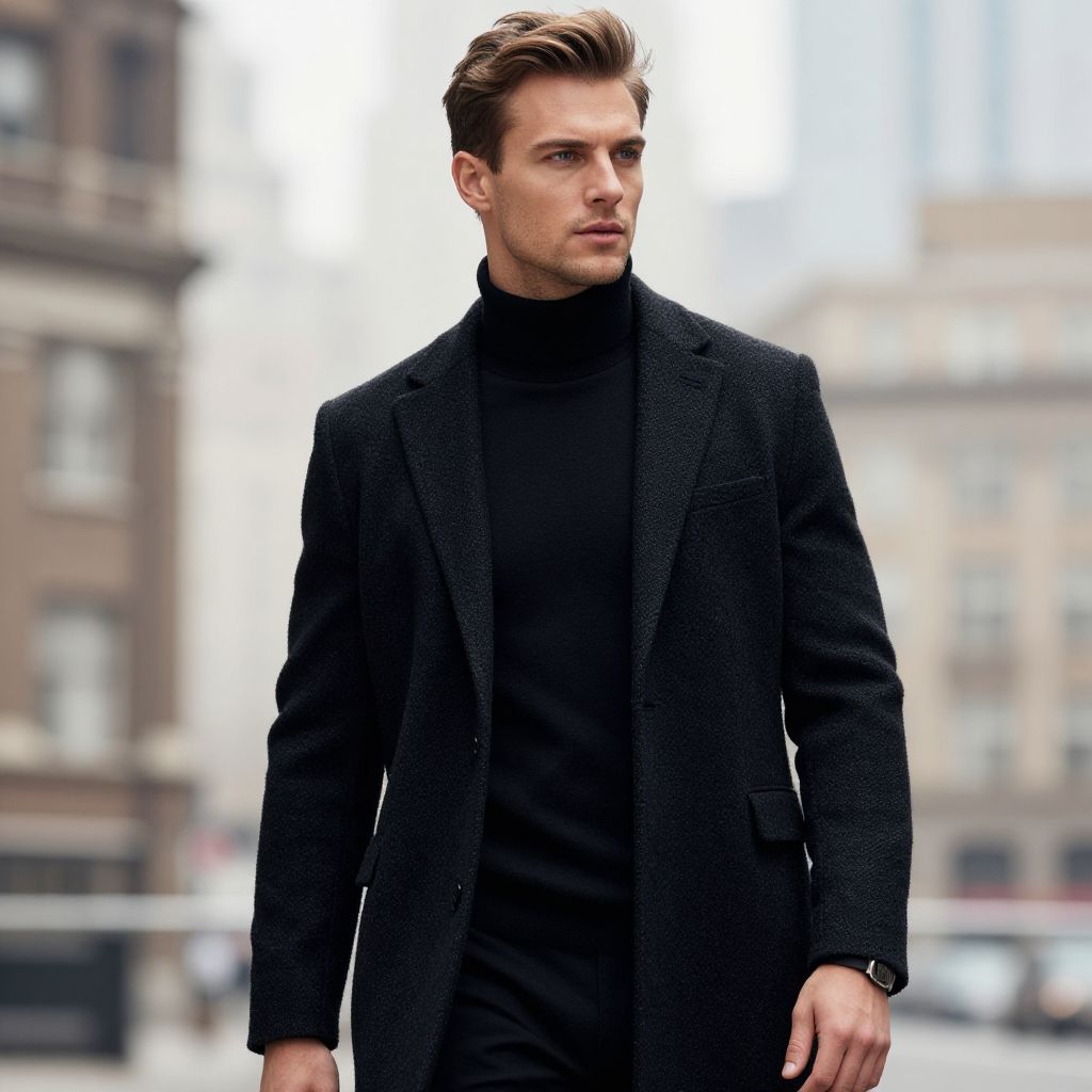 Confident Man in Black Overcoat on Urban Street