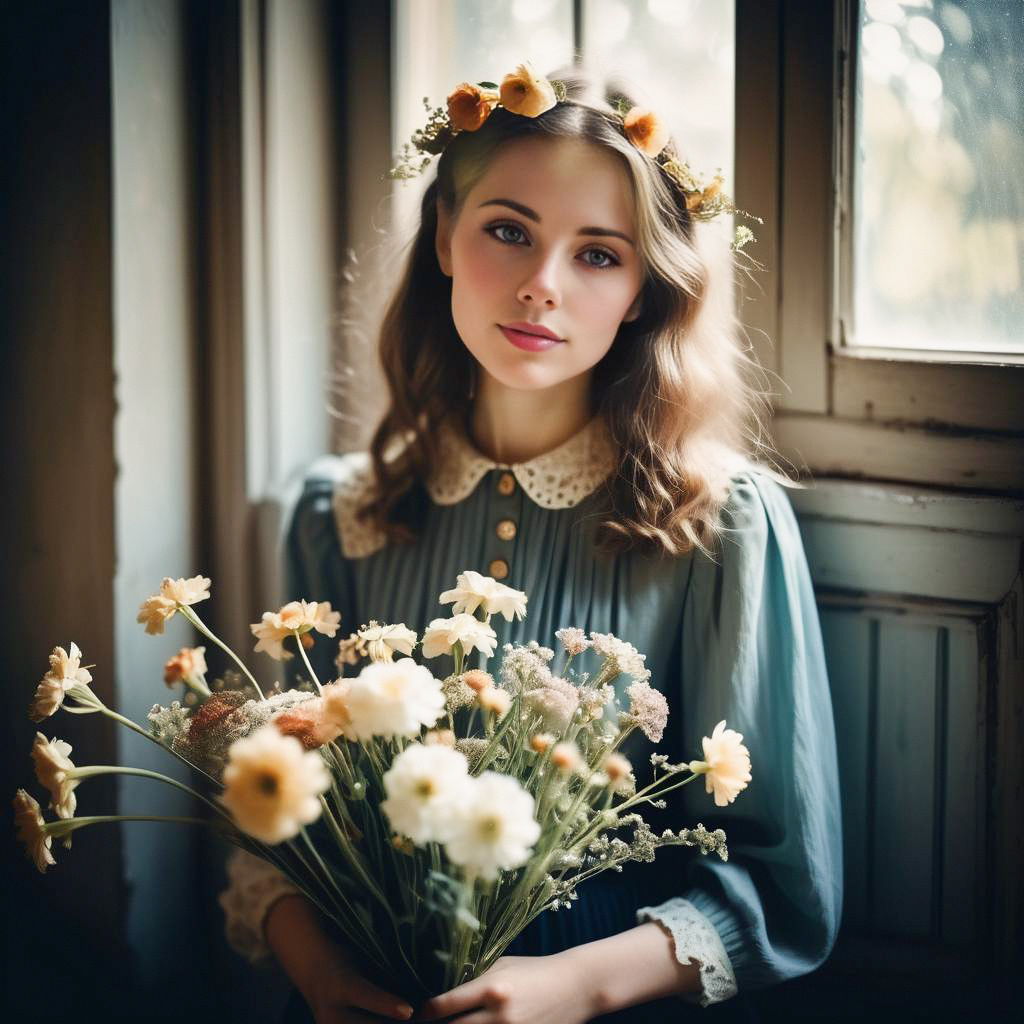 Young Woman with Floral Headband and Bouquet by Window