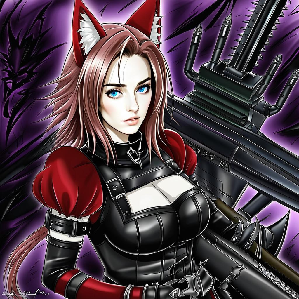 Anime Woman with Cat Ears and Mechanical Weapons in Fantasy Style