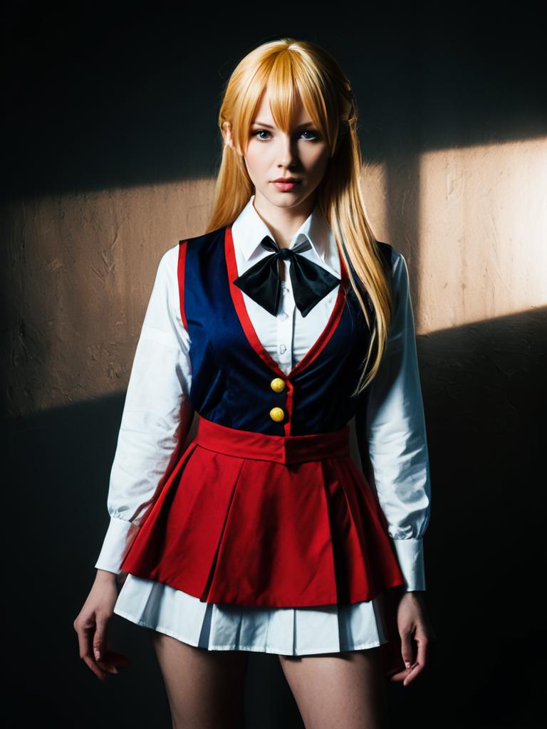 Realistic Cosplay Woman Wearing Karin Costume in Dramatic Light