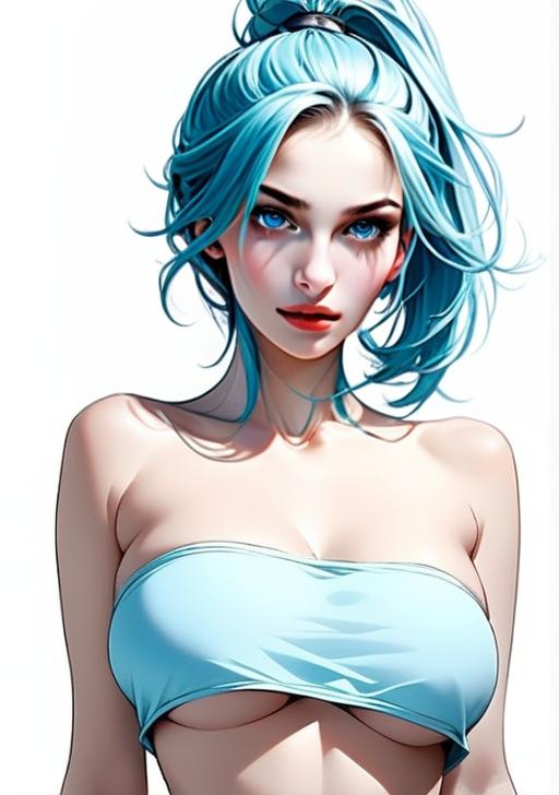 Anime Style Digital Portrait of Blue-Haired Woman in Bandeau Top