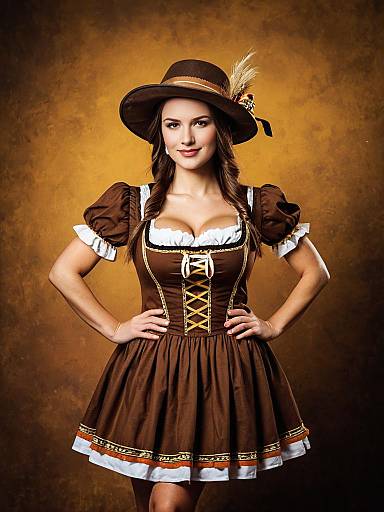 Woman in Traditional Brown Oktoberfest Costume and Hat