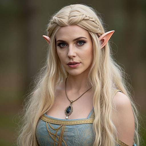 Fantasy Elf Woman in Medieval Blue Dress and Braided Hair